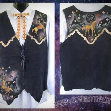 Crain Custom Painted Suede Leather Vest, Vintage Western Cowboy, Stage Wear Vest, Black with Horses, Tag Size Large (see meas. photo) by ShowinStyle