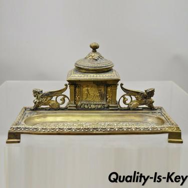 19th C Antique French Empire Neoclassical Bronze Figural Desk Inkwell Pen Holder