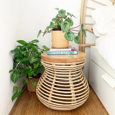 Curve Rattan Side Table / Stool with Wood Top - Natural Top 