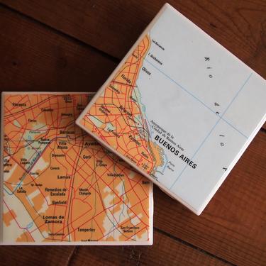 1993 Buenos Aires Argentina Vintage Map Coasters - Set of 2 - Ceramic Tile - Repurposed 1990s Oxford Atlas - Handmade - South America 