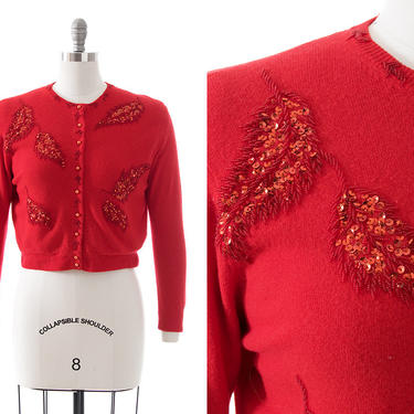 Vintage 1950s Cardigan | 50s Sequin Leaf Beaded Red Knit Wool Angora Sparkly Cropped Sweater (medium/large) 