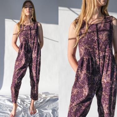 Vintage 80s Laura Ashley Plum Corduroy Floral Print Baggy Fit Jumpsuit | Made in Great Britain | Cottagecore, Boho | 1990s Designer Jumpsuit 
