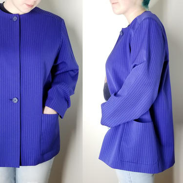 Vintage 90s True Blue Oversized Blazer Pinstriped Suit Jacket ~ Christian Dior Womens Sport Coat ~ Menswear Streetwear ~ Big Pockets ~ L/ XL 
