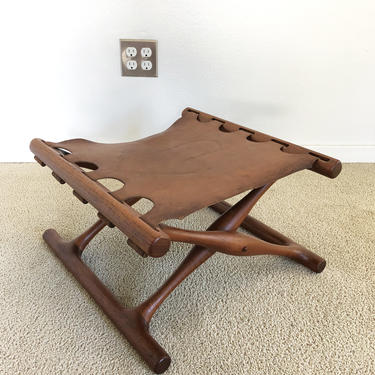 Danish modern Poul Hundevad Guldhoj folding teak leather stool 