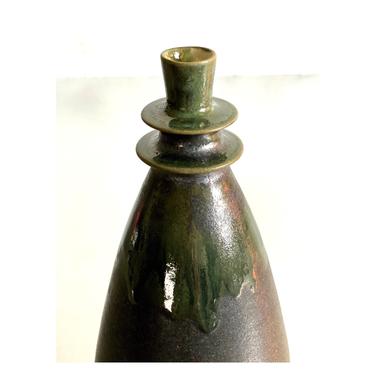 Stoneware Black Modern Flanged Bud Vase  with Flashing of Emerald Green by Sara Paloma Pottery.  graphite grey matte black angular drip vase 