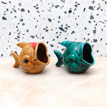 Vintage 1960s Tiny Ceramic Fish Planter - Florida Ceramics Souvenir Small Fish Container - Brown & Green 