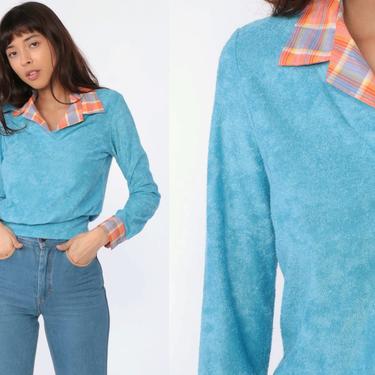 Terry Cloth Sweater ATTACHED PLAID COLLAR 70s Sweater Blue Slouchy terrycloth Sweatshirt Pullover Jumper 80s Top Plain Vintage Retro Small 