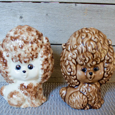 Vintage Ceramic Poodle Figurines, Big Eyes, Brown Tan Curly Hair, Puppy Dog Statue, Figurine, Mid Century Home Decor, 50s 1950s Pair 