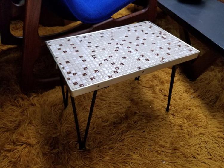                   Mid-Century Modern small tile-top table with hairpin legs