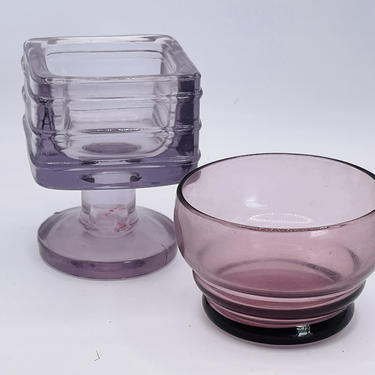 Antique (2) pair of Salt Cellars Dips Square Pedestal and Round Blown Glass 