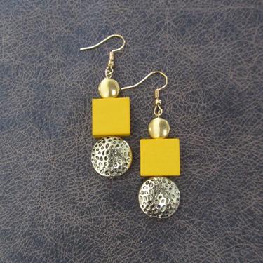 Yellow wood, brass animal print earrings, Afrocentric dangle earrings, mid century modern earrings, African earrings, bold statement, unique 