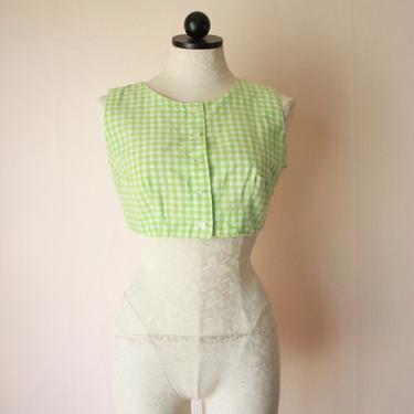 60s Green Gingham Crop Top Sleeveless Button Front Blouse Size S 