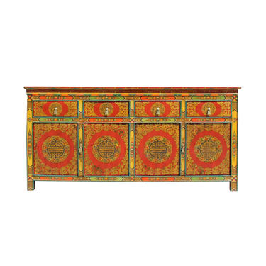 Chinese Tibetan Color Flower Graphic Credenza Sideboard Console Cabinet cs5781E 