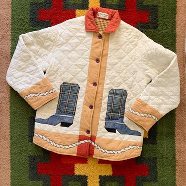 Vintage 90's Patch Magic Western Cowboy Boot  Patch Work Quilted Reversible Gingham Jacket 