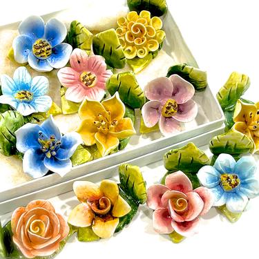 VINTAGE: 12pc - Old German Ceramic Flowers - Flower Cabochons - Flower Flat Backs - Handcrafted - SKU 25-B-00033181 