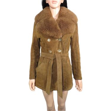 Vintage 70s Shearling Collar Penny Lane Faux Fur Lined Suede Jacket Size XS 