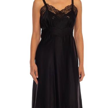 1950S Black Nylon Poly Satin  Lace Trim Slip Dress 