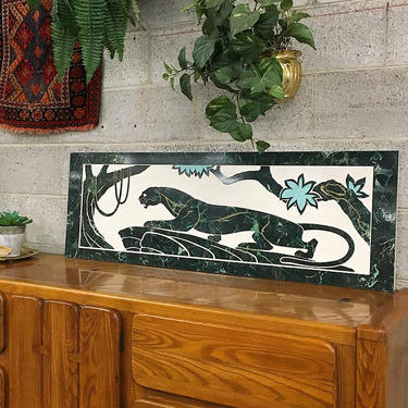 LOCAL PICKUP ONLY Vintage Panther Art 1990’s Retro Size 16x48 Mdf Board + Green Granite Laminate Panther + Jungle Scene Art for Boho Decor 