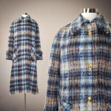 Vintage Mohair Plaid Coat, Large / Mod Blue Plaid Coat / Irish Wool Button Front Winter Coat / Long Retro 1970s Irish Plaid Overcoat 