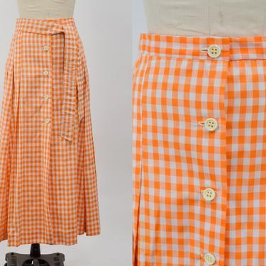 Vintage 1970s Orange Gingham Pleated Maxi Skirt w/ Belt, 1970s Maxi Skirt, Vintage Cottage Chic, Bohemian Hippie, Size Medium, 29&amp;quot; Waist by Mo