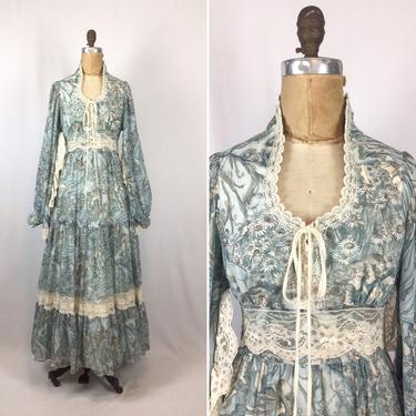 Vintage 70s dress | Rare vintage blue fairy print renaissance boho dress | 1970 corset top Gunne Sax Jessica McClintock dress 