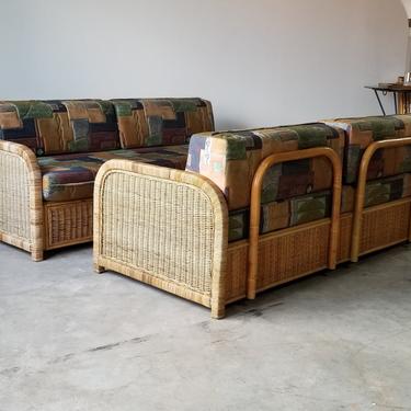Vintage Bielecky Brothers Two Pieces Bamboo and Rattan Sectional Sofa. 