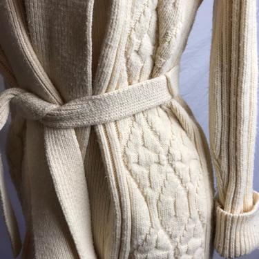 70’s shawl collar long cable knit cardigan~ fishermen style sweater~ Wrap style belted/ cinched waist 1970s synthetic~ off white~ S/M 