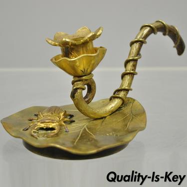 Antique Austrian Brass Bronze Stag Beetle on Lily Pad Candlestick Candle Holder