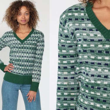 V Neck Sweater 70s Green Sweater Knit Space Dye Sweater 1970s Bohemian Hippie Pullover Vintage Boho Jumper Small 
