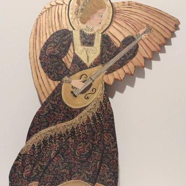 Vintage Signed Mixed Media Painted Wall Hanging Winged Granny Playing Oud Folk Art 13x20 