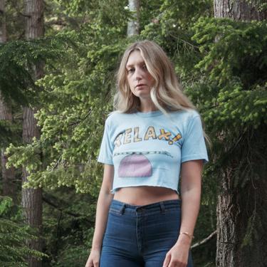 RESERVED 80s RELAX Crop Top | Chill Snake Cartoon Cropped Tee | Baby Blue Short Sleeve Raw Hem Vintage T Shirt 