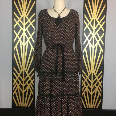 1970s peasant dress, adini, vintage 70s dress, bohemian dress, rayon, black floral print, medium, hippie dress, festival style, boho, flower 