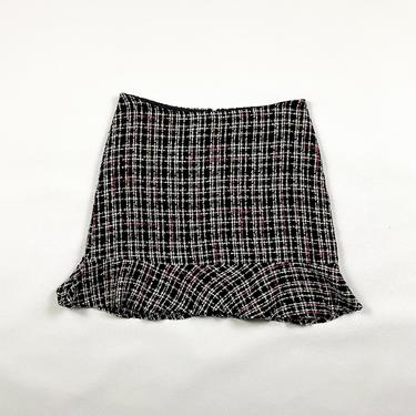 90s Tweed Drop Waist Ruffle Hem Mini Skirt / Size 10 / Black and Pink / y2k / 00s / Cyber / Xtina / Bratz / Medium / Work / Preppy / M / 