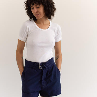Vintage 30 Waist Pleat Blue Twill Chino Shorts | Italy Belted High Rise Workwear | Button Fly | SB026 