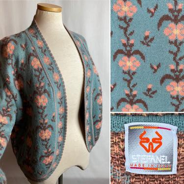 Vintage Stefanel Italian wooly cardigan sweater~ floral print open front blue & pink open front boxy style 1970’s-80’s cottage cutie size M 