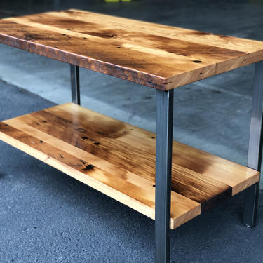 Reclaimed wood table with shelf. Salvaged table. Old table. Industrial table. Kitchen table. Wood and steel table. Bathroom vanity. 