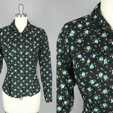 1950s 'Rex Bell' Floral Western Shirt · Vintage 50s Black &amp; Blue Pearl Snap Blouse · xs 