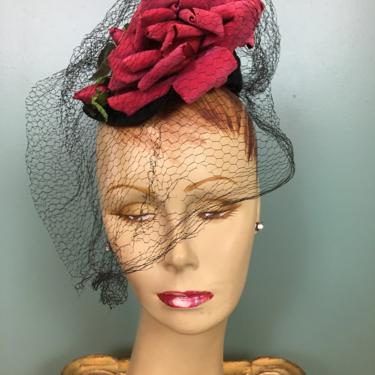 1940s rose hat, Ere Nouvelle, vintage 40s hat, Maude Peters, avant garde style, floral hat, one size, fascinator, hat with veil, millinery 