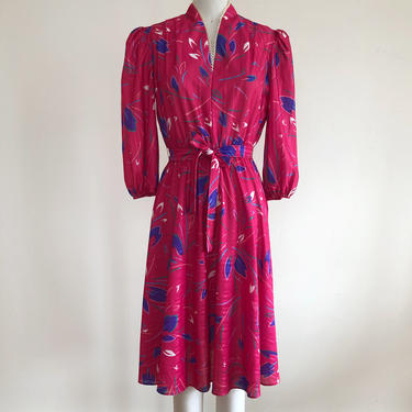 Bright Pink Floral Print Dress - 1980s 