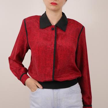 1980s Red and Black Top/ Vintage Collared Blouse/ Pointed Collar and Shoulder Pads/ 80s Thriller Top/ Polka Dot Blouse/ Boss Lady Blouse 