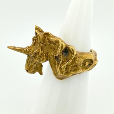 Vintage Artisan Freeform Unicorn Brass Ring Sz 5.75 Horse Boho Modernist Statement Whimsical 