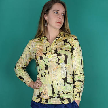 70s Retro Silky Neon Abstract Print Collared Blouse (Vintage VTG), Mod Hipster Boho Career Psychedelic Top 