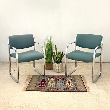 Steelcase Chairs with Teal Upholstery and Chrome Frame
