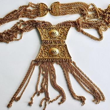 Goldette Vintage Etruscan Revival Multi Chain Tassel Necklace 