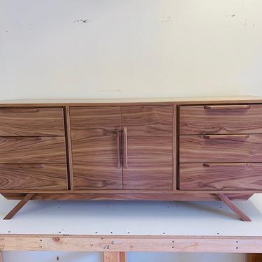 NEW Hand Built Mid Century Style Credenza / Buffet / Bathroom Vanity -  Walnut 72" 6 Drawer with Double Door in Center with Angled Leg Base! 