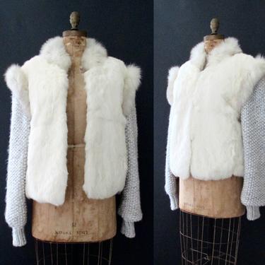 THE BIG CHILL Vintage 80s Niki Chubby Jacket | 1980s White Rabbit Fur Glam Coat with Knit Sleeves | 70s 1970s Boho, Hong Kong | Size Medium 