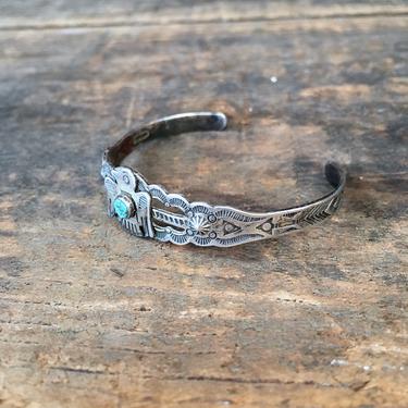 FRED HARVEY ERA Vintage 40s Childs Cuff | 1940s Native American Navajo Style Silver &amp; Turquoise Thunderbird Bracelet | Southwest Jewelry 