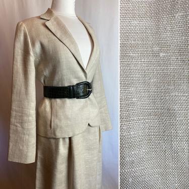 Vintage linen suit~ blazer & skirt set~ fitted waist pleated a line skirt~ raw linen color beige size M/L 29”w 