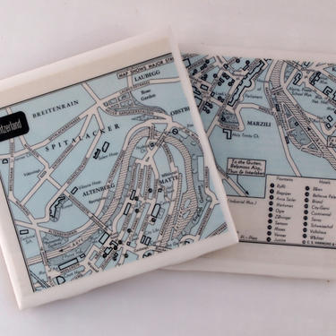 1960 Bern Switzerland Handmade Vintage Map Coasters - Ceramic Tile Coasters set of 2 - Repurposed 1960s Atlas - OOAK Drink Coasters 