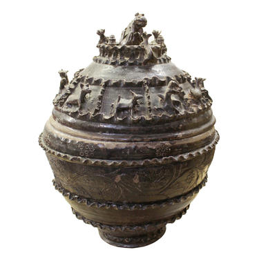 Rare Piece Han Dynasty style ceremonial jar with 12 relief Zodiac animals and relief waves L200-1E 